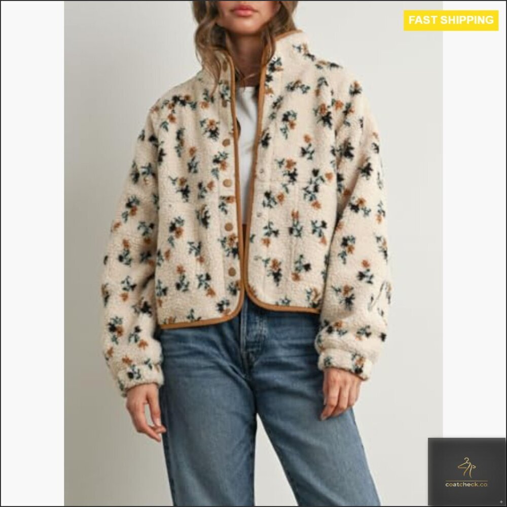 Floral Print Fluffy Fleece Jacket Snap Button Winter Teddy Cozy Casual - Picture 4 of 7